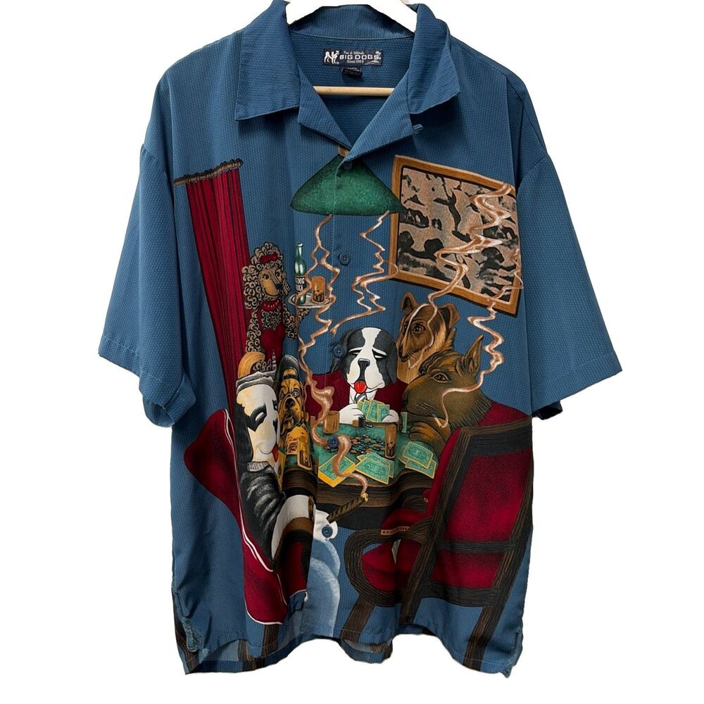 Vintage Men's Hawaiian Shirt Dogs Playing Poker XL Blue Korea